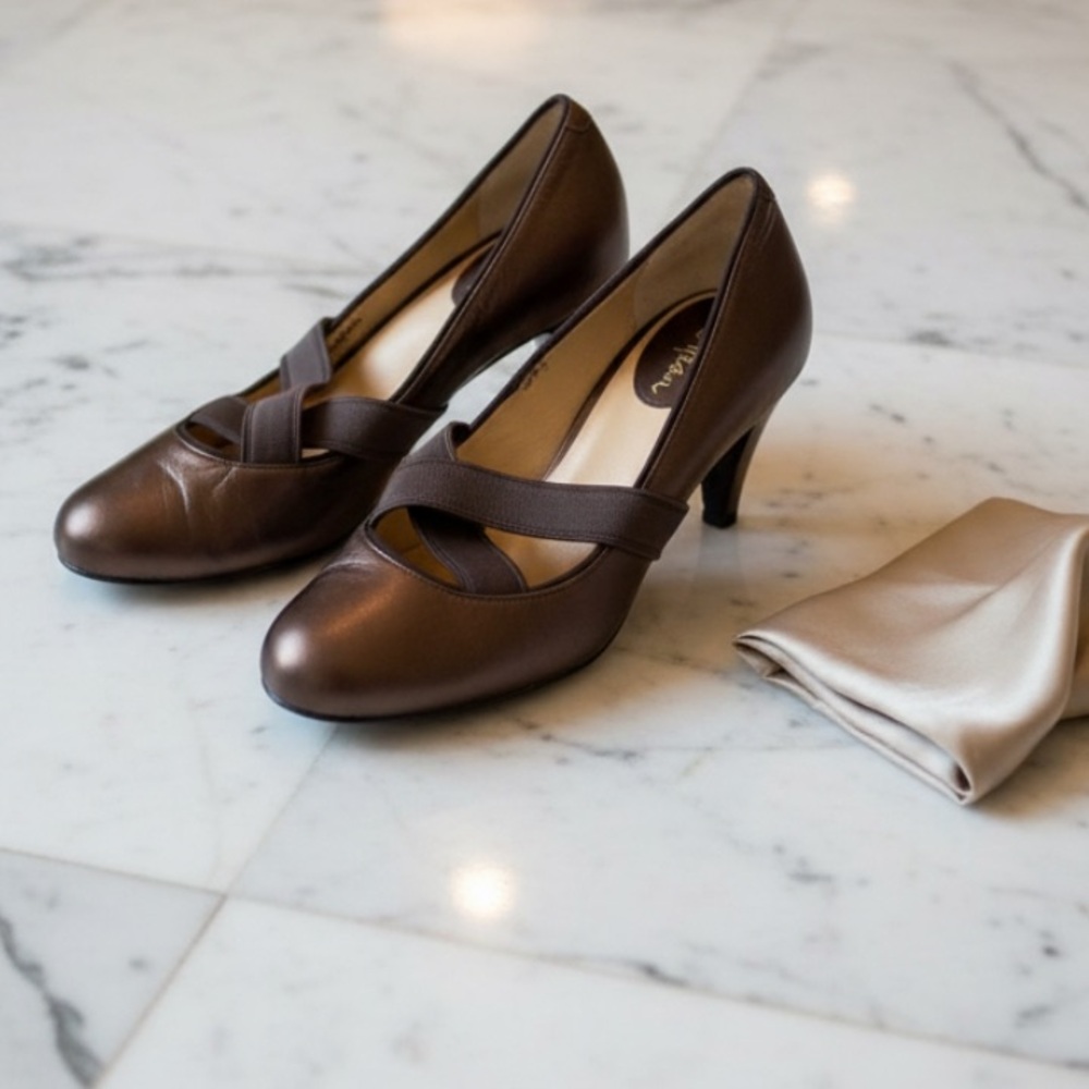 💥🆕💥COLE HAAN Cross Strap Mary Jane Shoes Bronze Leather 7.5 $178 NWOB